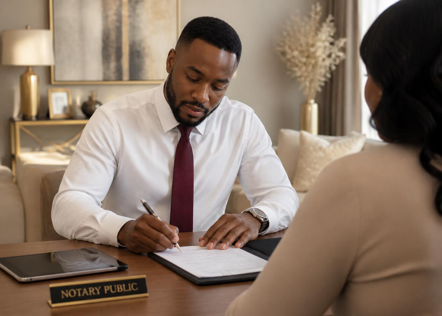 Notary meeting a client at their office to complete a document signing