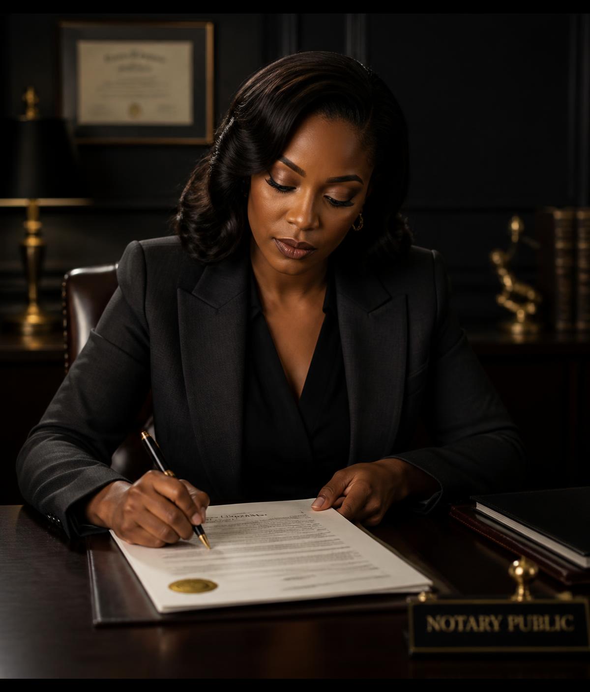 Notary professional in a Kingston, New York office preparing documents for signing