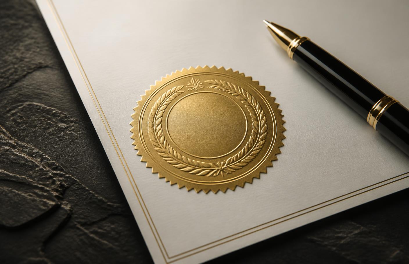 Embossed gold notary seal on a signed legal document beside a fine pen
